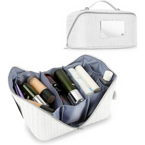 Large travel makeup bag with mirror hanging toiletry cosmetic organizer checkere - Picture 1 of 7